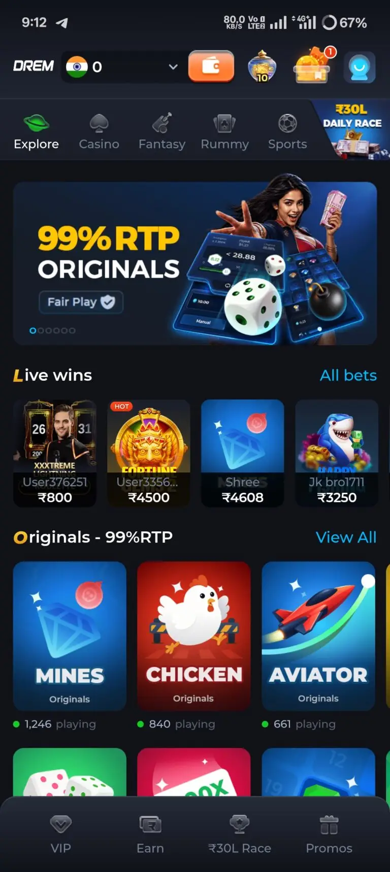 DREM Game Online platform highlighting the 99% RTP Originals section featuring popular real-money games like Mines, Chicken, and Aviator. The screen also displays a real-time Live Wins feed showing recent player payouts, alongside navigation to VIP, Earn, ₹30L Race, and Promos.