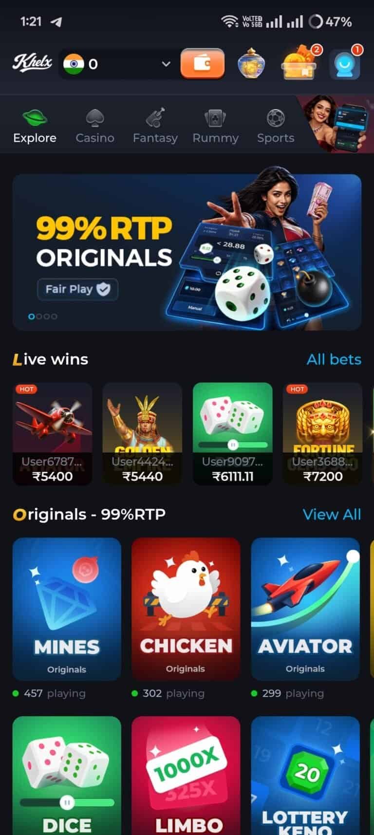 Khelx Game interface showing the 99% RTP Originals section. The screen features a live wins feed with recent player payouts, alongside popular game titles including Mines, Chicken, Aviator, Dice, Limbo, and Lottery Keno. The top navigation highlights the Casino tab, and the bottom menu shows options for VIP, Earn, and Promos.