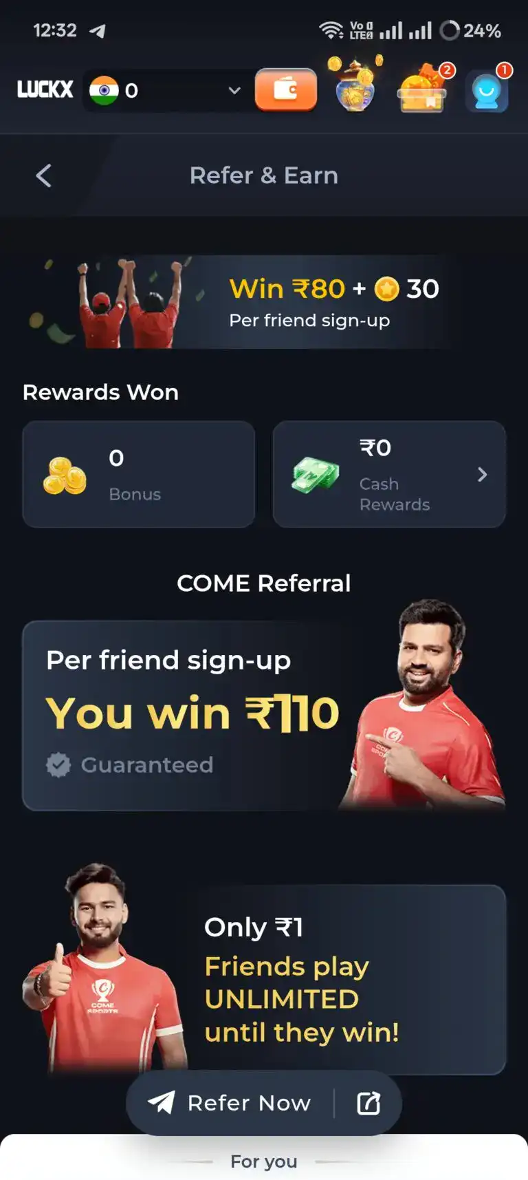 LUCKX Game "Refer & Earn" page displaying a guaranteed ₹110 cash bonus per friend sign-up, featuring cricketers and a "Refer Now" button for the LUCKX APK.