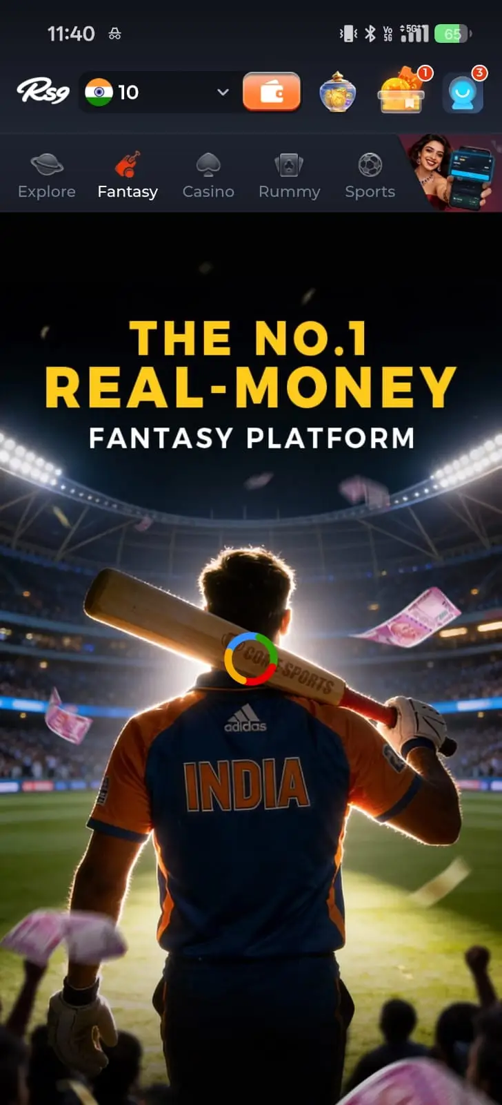 RS9 Game fantasy sports platform with Indian cricket player
